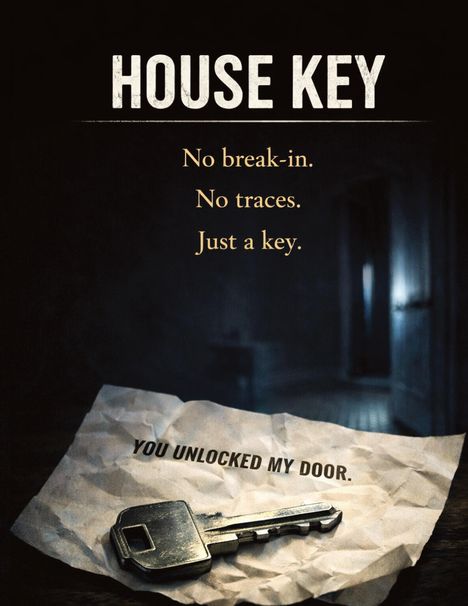 Text: "HOUSE KEY. No break-in. No traces. Just a key. YOU UNLOCKED MY DOOR." Ein Schlüssel liegt auf zerknittertem Papier.