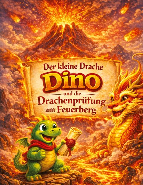 "Der kleine Drache Dino und die Drachenprüfung am Feuerberg." Illustration: Ein fröhlicher Drache mit Papyrusrolle vor Vulkan.