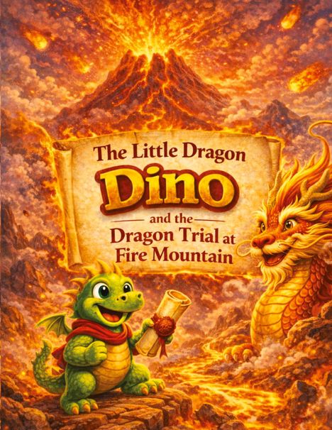 „The Little Dragon Dino and the Dragon Trial at Fire Mountain“. Illustration eines grünen Drachen vor einem feuerspeienden Vulkan.
