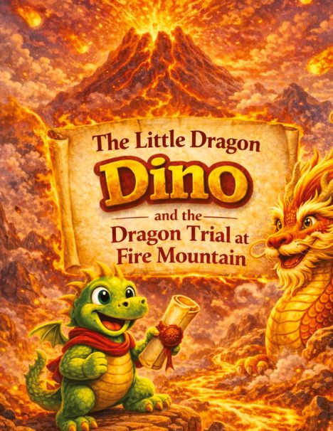 "The Little Dragon Dino and the Dragon Trial at Fire Mountain." 
Illustration: Ein fröhlicher grüner Drache vor einem Vulkan.