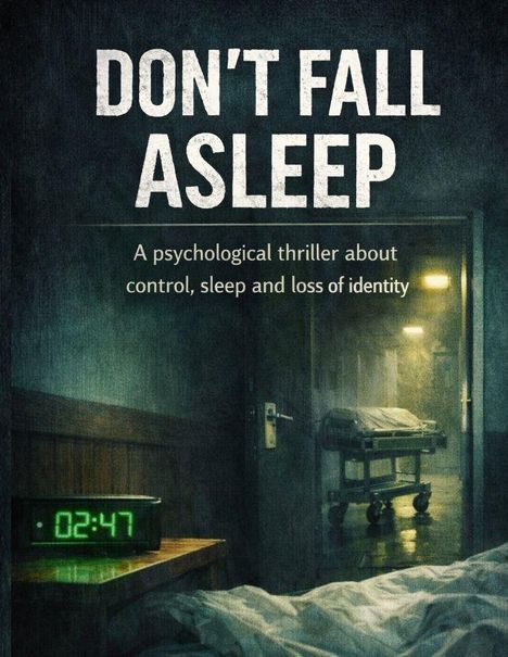 Text: "DON'T FALL ASLEEP. A psychological thriller about control, sleep and loss of identity." Wecker zeigt 02:47.