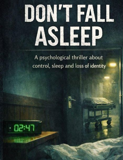 Text: "DON'T FALL ASLEEP. A psychological thriller about control, sleep and loss of identity." Dunkler Raum mit Uhr auf 02:47.