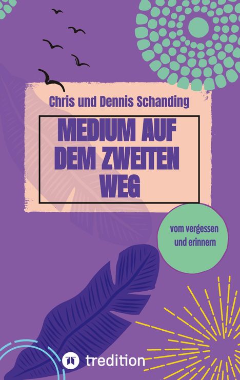 "Chris und Dennis Schanding: MEDIUM AUF DEM ZWEITEN WEG. Vom vergessen und erinnern." Lila Hintergrund mit blauen und grünen Elementen.