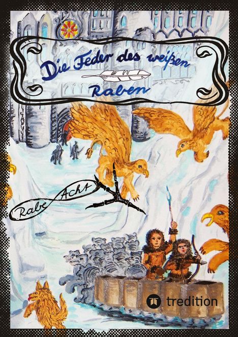 „Die Feder des weißen Raben“. Eine Illustration von goldenen Vögeln, zwei Personen in Fellkleidung auf einem Schlitten.