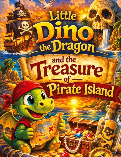 "Little Dino the Dragon and the Treasure of Pirate Island." Ein kleiner Drache hält eine Schatzkarte neben einer Schatztruhe.