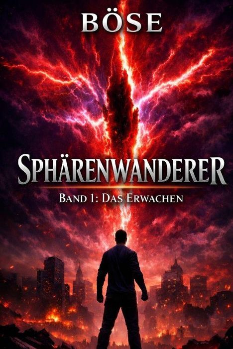 "BÖSE. SPHÄRENWANDERER. Band 1: Das Erwachen." Ein Mann steht vor einem leuchtenden, roten Spalt am Himmel über einer Stadt.