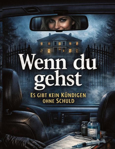 „Wenn du gehst. Es gibt kein Kündigen ohne Schuld.“ Frau im Rückspiegel, düstere Villa, Auto mit Medikamenten.