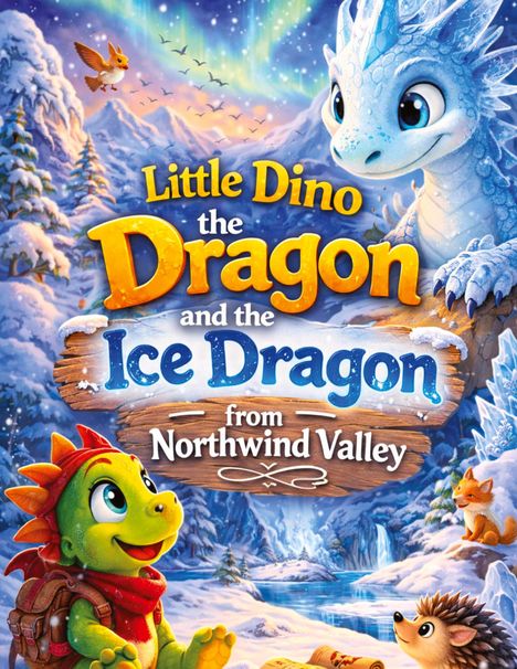 Text: "Little Dino the Dragon and the Ice Dragon from Northwind Valley." Illustration mit Drachen und Winterlandschaft.