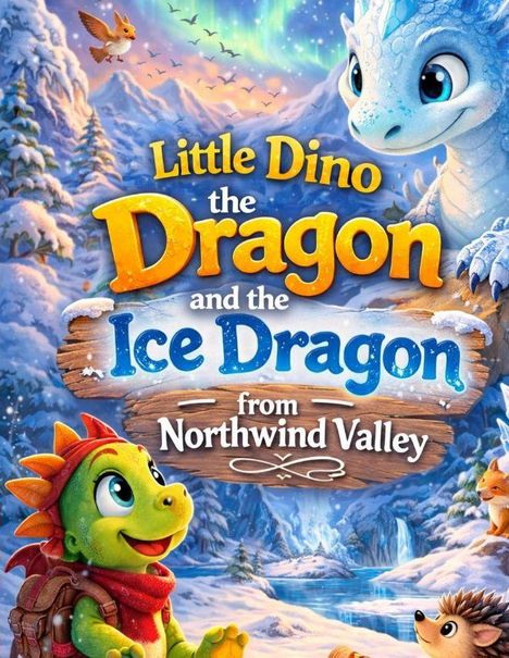 Text: "Little Dino the Dragon and the Ice Dragon from Northwind Valley". Illustration: Zwei freundliche, bunte Drachen.