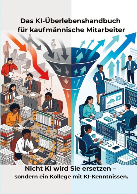 „Das KI-Überlebenshandbuch für kaufmännische Mitarbeiter. Nicht KI ersetzt Sie – ein Kollege mit KI-Kenntnissen.“  
Links gestresste Arbeiter mit Papierbergen, rechts moderne mit Computern und Diagrammen.