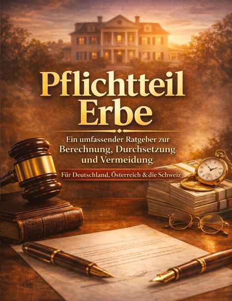 „Pflichtteil Erbe: Ein umfassender Ratgeber zur Berechnung, Durchsetzung und Vermeidung.“ Bild: Haus, Uhr, Hammer, Bücher.