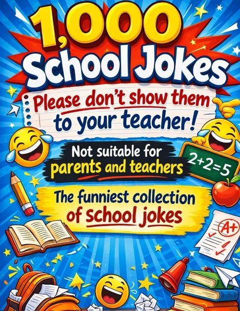 "1,000 School Jokes. Please don't show them to your teacher! Not suitable for parents and teachers. The funniest collection."

Farbenfrohe Illustrationen von lachenden Emojis, Schulutensilien und comicartig hervorgehobene Texte.