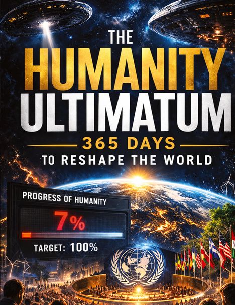 "The Humanity Ultimatum" in Gold. "365 Days to Reshape the World." Fortschritt: 7%. Ziel: 100%. Unten Flaggen und ein Globus-Logo.