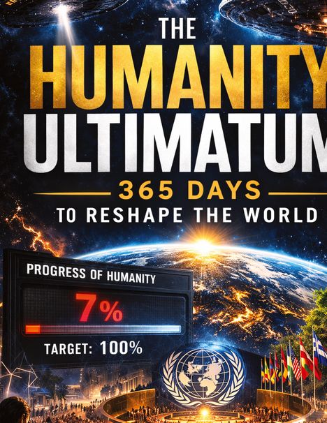"THE HUMANITY ULTIMATUM", "365 DAYS TO RESHAPE THE WORLD", "PROGRESS OF HUMANITY 7%", "TARGET: 100%". Zukunftsillustration.