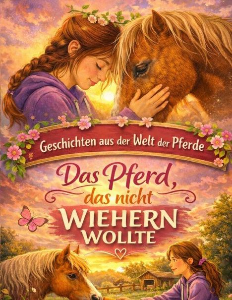 Logo. Titel: "Das Pferd, das nicht Wiehern wollte". Ein Mädchen kuschelt mit einem Pferd vor farbenfrohem Himmel.