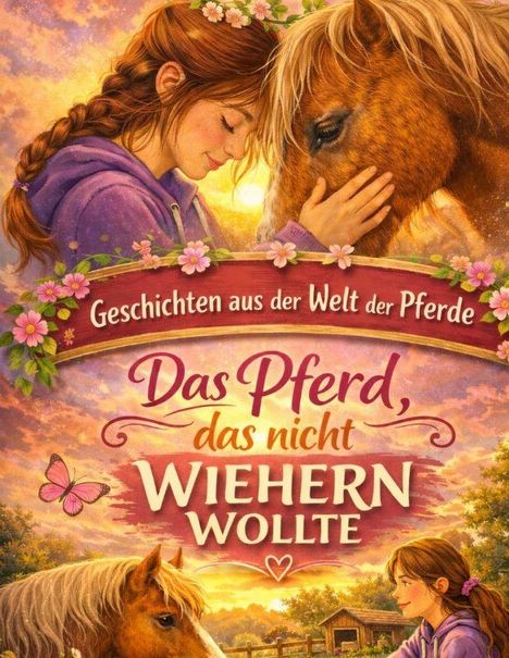 Oben: "Geschichten aus der Welt der Pferde". Mitte: "Das Pferd, das nicht wiehern wollte". Illustration: Mädchen mit Pferd.
