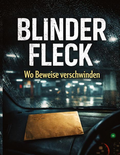 „Blinder Fleck. Wo Beweise verschwinden.“ Brauner Umschlag auf einem Autoarmaturenbrett, regnerische Straße.