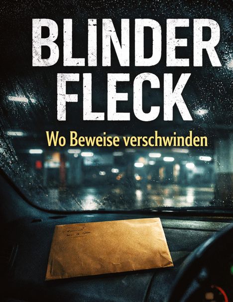 „BLINDER FLECK: Wo Beweise verschwinden“, Briefumschlag auf einem regennassen Autositz in einem Parkhaus.