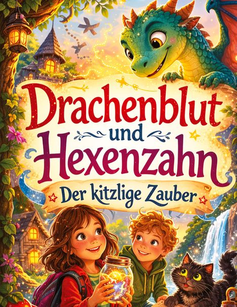 "Drachenblut und Hexenzahn: Der kitzlige Zauber". Eine Illustration mit fröhlichen Kindern, einem Drachen und einer Katze.
