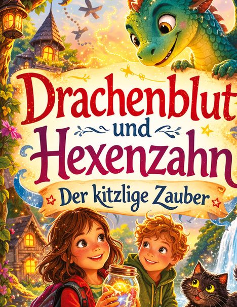 „Drachenblut und Hexenzahn: Der kitzlige Zauber“. Zwei Kinder, ein Drache und eine Katze in einer lebhaften Fantasieszenerie.