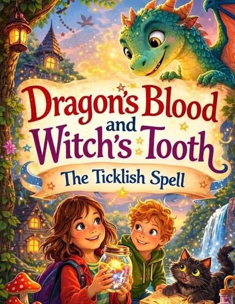 „Dragon's Blood and Witch's Tooth: The Ticklish Spell“ steht über einem märchenhaften Szenario mit Drachen, Kindern und Katze.