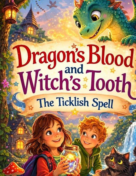 "Dragon's Blood and Witch's Tooth: The Ticklish Spell." Kinder halten ein Glas, ein Drache schaut zu, daneben eine Katze.