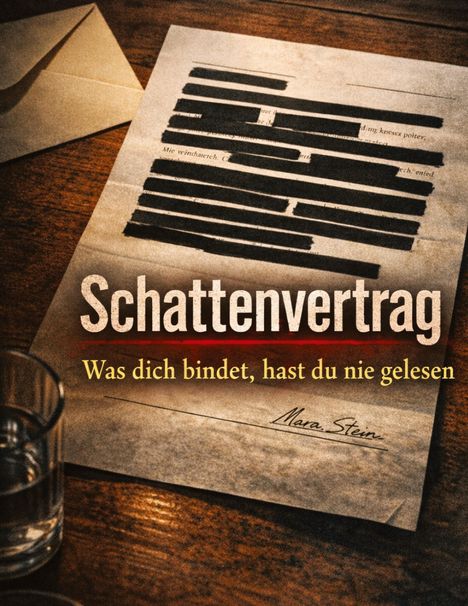 "Schattenvertrag. Was dich bindet, hast du nie gelesen." Ein Dokument mit geschwärztem Text auf einem Tisch neben einem Glas.