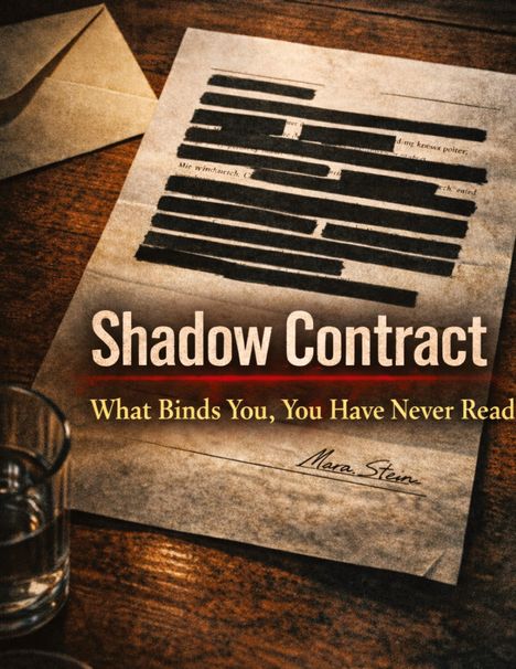 „Shadow Contract: What Binds You, You Have Never Read“ steht auf einem geheimnisvollen Dokument mit geschwärztem Text.
