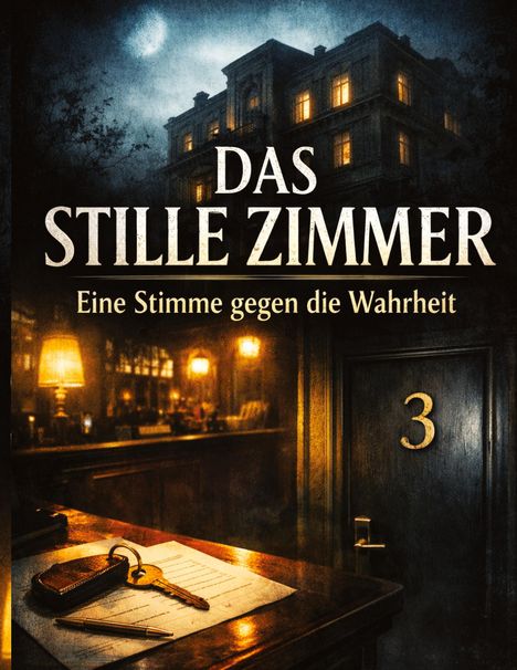 „Das stille Zimmer. Eine Stimme gegen die Wahrheit.“ Eine Zimmernummer „3“, Empfangstresen mit Schlüssel und Dämmerlicht.