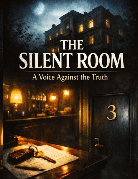 „THE SILENT ROOM. A Voice Against the Truth“. Dunkles Gebäude, Schlüssel auf Tresen, Tür mit Nummer 3.