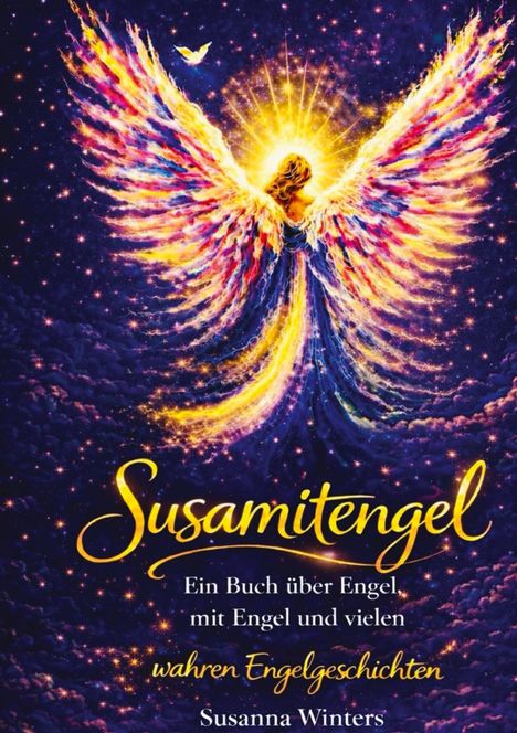 Text: "Susamitengel. Ein Buch über Engel, mit Engel und vielen wahren Engelgeschichten." 

Illustration eines Engels mit leuchtenden Flügeln.