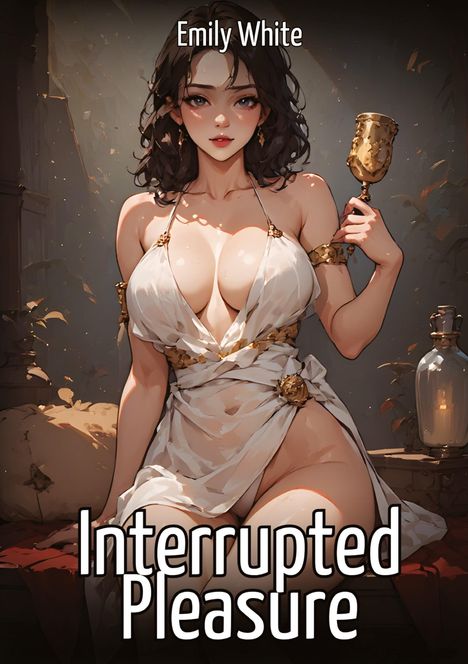 Titel: "Interrupted Pleasure", Autor: Emily White. Illustration einer Frau in weißem Gewand mit Kelch in der Hand, umgeben von warmen Farben.