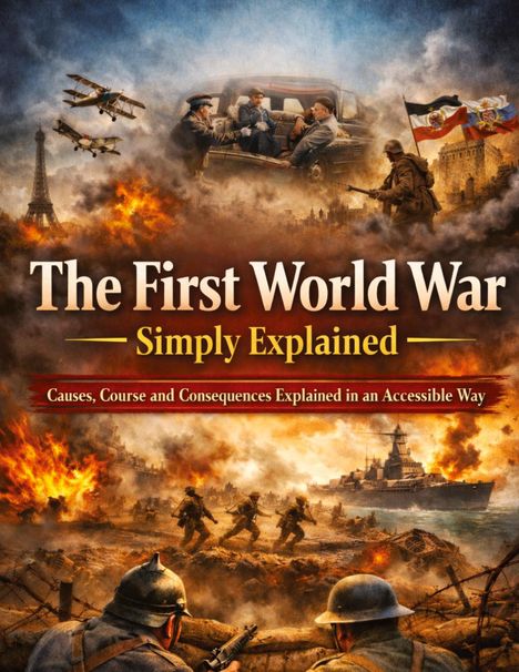 "The First World War Simply Explained" und "Causes, Course and Consequences Explained in an Accessible Way" stehen drauf. Oben Flugzeuge, Soldaten in einem Auto, und Fahnen. Unten brennendes Schlachtfeld mit Soldaten und Kriegsschiff.