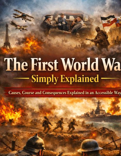 "The First World War: Simply Explained" steht zentral. Oben Szenen mit Soldaten, Flugzeugen; unten Soldaten und Schiffe in Aktion.