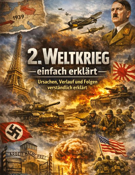 Text: "2. Weltkrieg einfach erklärt — Ursachen, Verlauf und Folgen verständlich erklärt." 

Illustration: Soldaten, Panzer, Flugzeuge, Flaggen und Explosionen.