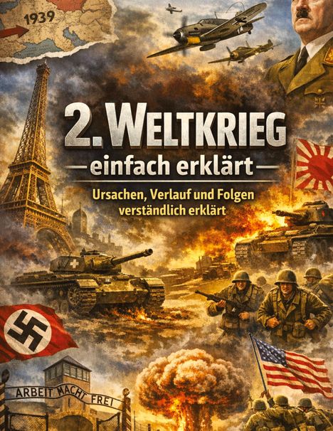 "2. Weltkrieg einfach erklärt — Ursachen, Verlauf und Folgen verständlich erklärt." Illustration historischer Szenen.