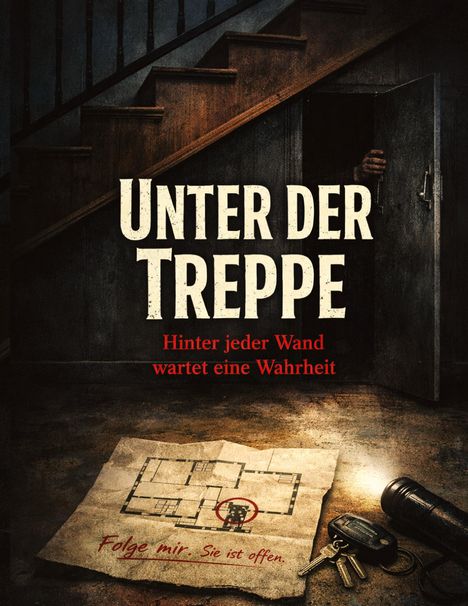 „Unter der Treppe. Hinter jeder Wand wartet eine Wahrheit.“ Eine Hand öffnet eine Tür; davor ein Grundriss mit „Folge mir.“