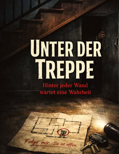 "UNTER DER TREPPE. Hinter jeder Wand wartet eine Wahrheit. Folge mir. Sie ist offen." Treppe, geöffnete Tür, Taschenlampe.