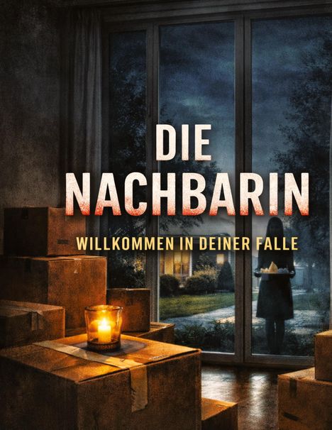 „DIE NACHBARIN“ und „WILLKOMMEN IN DEINER FALLE“. Viele Umzugskartons, eine Kerze auf einem Karton, eine Frau vor Glasfenstern.