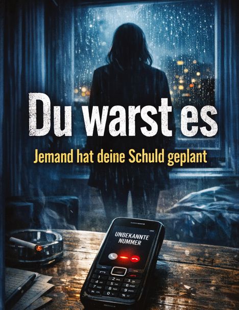 "Du warst es. Jemand hat deine Schuld geplant." Ein Handy zeigt "Unbekannte Nummer" an, Regen am Fenster im Hintergrund.