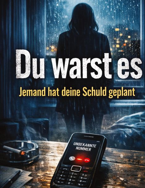„Du warst es. Jemand hat deine Schuld geplant.“ Ein Handy zeigt „Unbekannte Nummer“. Eine Person steht am Fenster.