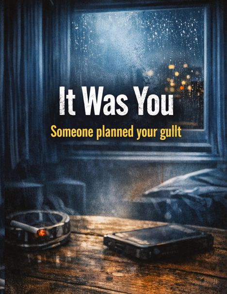 Der Text: "It Was You. Someone planned your guilt." Eine Zigarette brennt im Aschenbecher, daneben liegt ein altes Telefon.