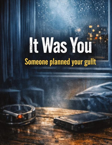 Text: "It Was You. Someone planned your guilt." Szene: Zimmer mit Holztisch, Aschenbecher, brennende Zigarette, Handy, regnerisches Fenster.