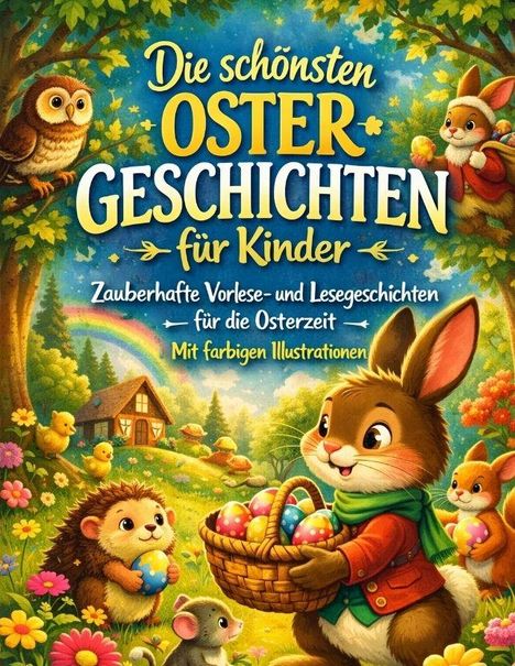 „Die schönsten Ostergeschichten für Kinder“ steht oben, darunter Tiere mit Ostereiern in einer bunten Frühlingslandschaft.