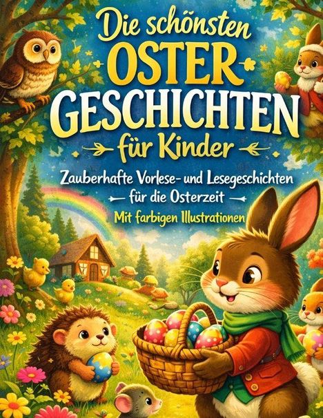 "Die schönsten Ostergeschichten für Kinder" steht groß im Zentrum. Eine Illustration zeigt Tiere mit Ostereiern in einer bunten Landschaft.