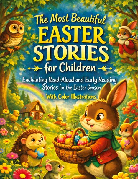 „The Most Beautiful Easter Stories for Children“ steht in großen Buchstaben. Darunter fröhliche Tiere in einer bunten Waldszene.