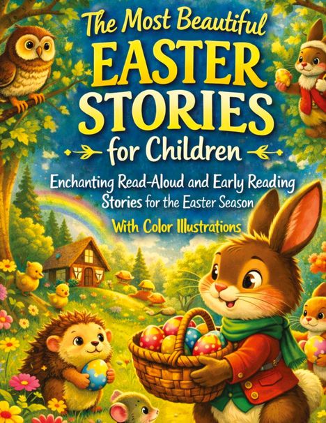"The Most Beautiful Easter Stories for Children" steht oben. Darunter sind ein Hase mit Korb und ein Igel in einer Waldszene.