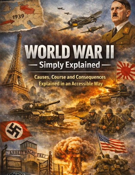 „WORLD WAR II – Simply Explained. Causes, Course and Consequences Explained in an Accessible Way.“ Illustration: Soldaten, Panzer, Flaggen, Explosion, Eiffelturm, historische Figuren.