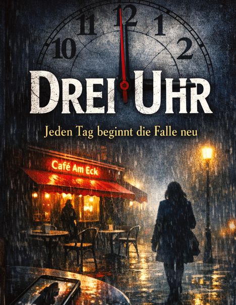 „DREI UHR“, „Jeden Tag beginnt die Falle neu“. Ein Café bei Regen, Frau im Mantel, Uhr zeigt kurz nach Mitternacht.