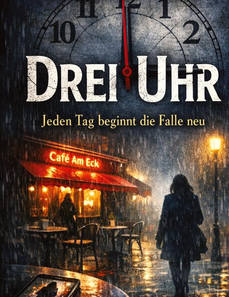 "DREI UHR. Jeden Tag beginnt die Falle neu." Eine Person im Regen vor einem Café mit roter Markise, nasser Straße und Handy.